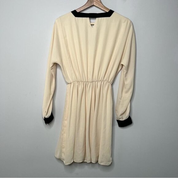 THML Womens Size Small Long Sleeve Blouson Dress Cream Black V Neckline Neutral - Picture 2 of 10